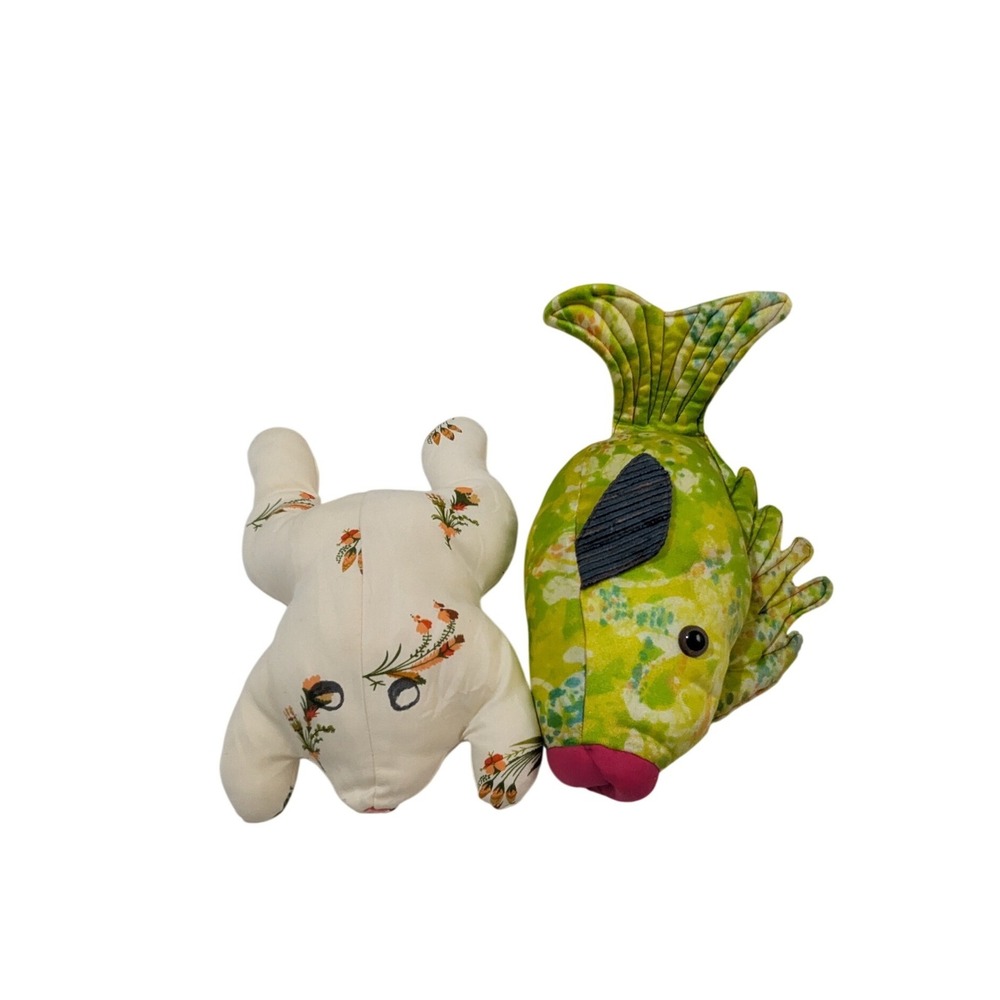 Handmade Fabric Plush Toy Set Green Floral Fish and White Floral Frog 2 Piece